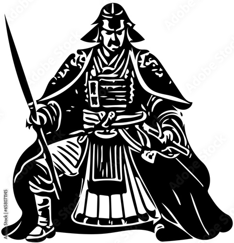 Black and white samurai vector illustration, logo design of a traditional Japanese warrior with katana sword 