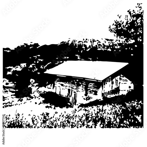 Black and white cabin in nature illustration