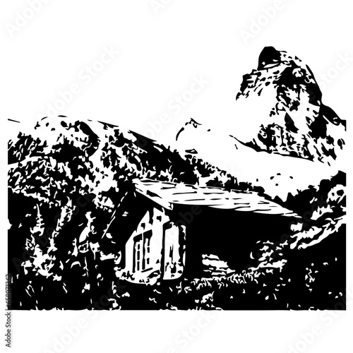 Black and white cabin in mountain valley illustration