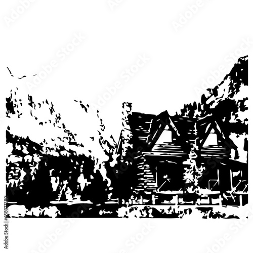 Black and white alpine cabin illustration