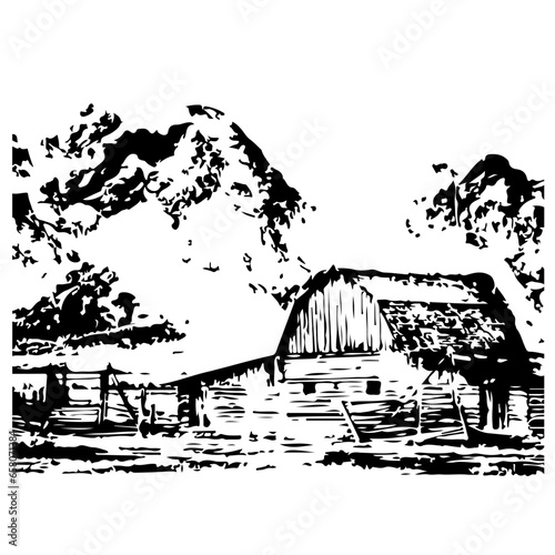 Black and white mountain cabin landscape drawing