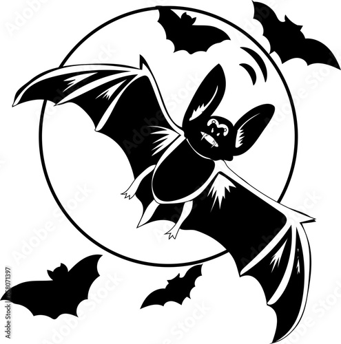 Black and white bat flying in moonlight illustration