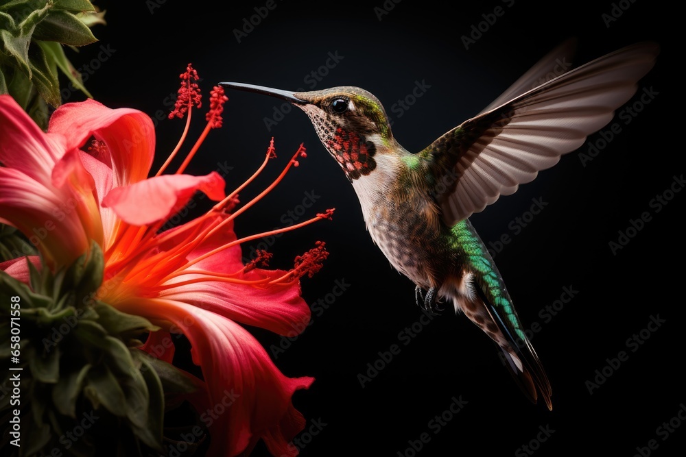Fototapeta premium Hummingbirds and flowers in macro photography are a captivating sight 