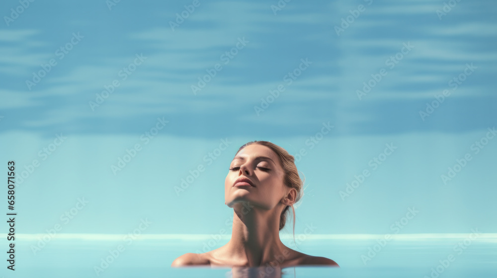 Woman At Luxury Resort On Romantic Summer Vacation. People Relaxing In Edge Swimming Pool Water, Enjoying Beautiful Sea View.