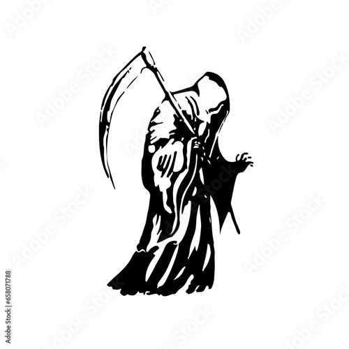 Black and white grim reaper with scythe illustration