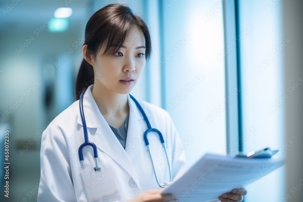 Woman Doctor explain health check document of male patient in medical at hospital health. Woman Doctor explain health check document of male patient in medical at hospital health.