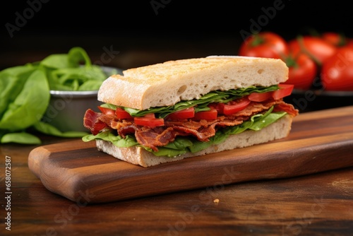sandwich with bacon, lettuce, and tomato on a stone surface