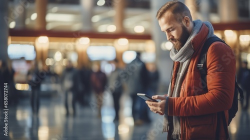 Young man using mobile phone outside photo