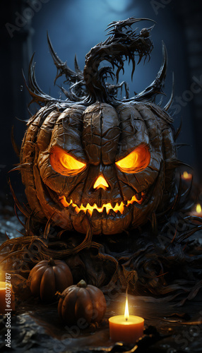 Vertical recreation of a Jack o Lantern pumpkin in Halloween night. Illustration AI photo