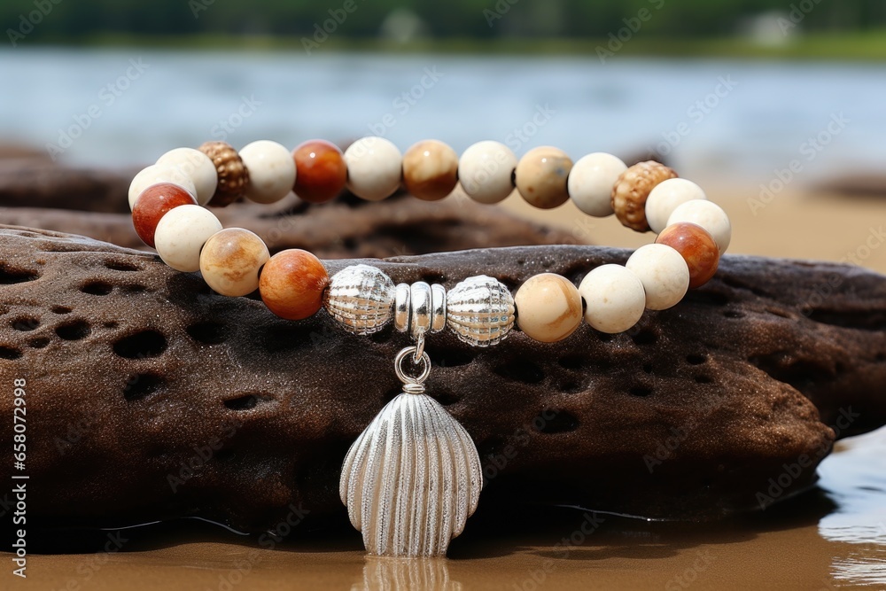Naklejka premium beaded bracelet with seashell charm resting on a limestone rock
