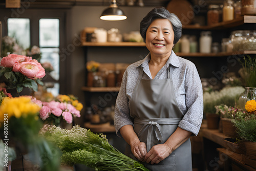 Portrait of a happy chinese mature woman standing in her flower shop. Standing at the entrance is a successful small business owner in an ordinary gray apron. #658072951