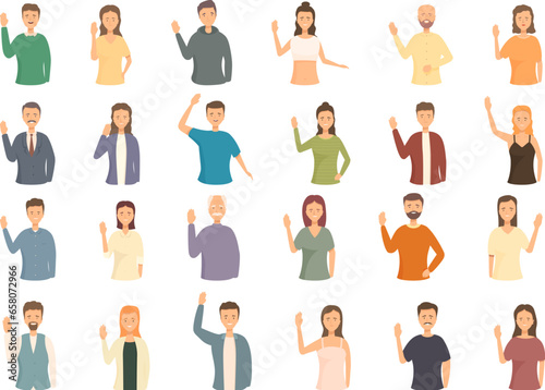 People gesturing hi icons set cartoon vector. Hello man. Student person