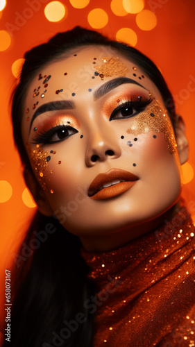 Christmas beauty photo of an asian girl with fashion makeup  sparkles  New Year