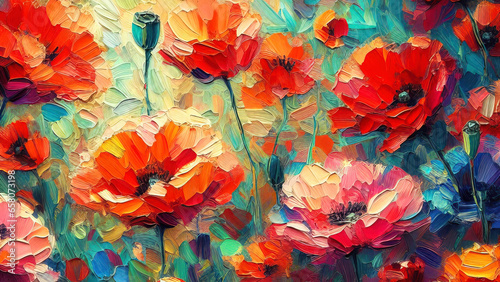 Red poppies flowers background  oil painting on canvas illustration.
