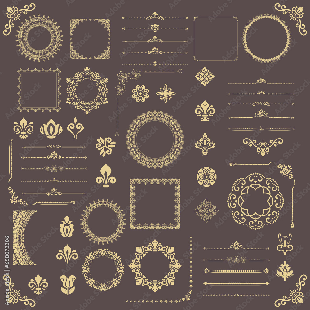 Vintage set of horizontal, square and round golden elements. Different elements for backgrounds, frames and monograms. Classic patterns. Set of vintage patterns - obrazy, fototapety, plakaty 