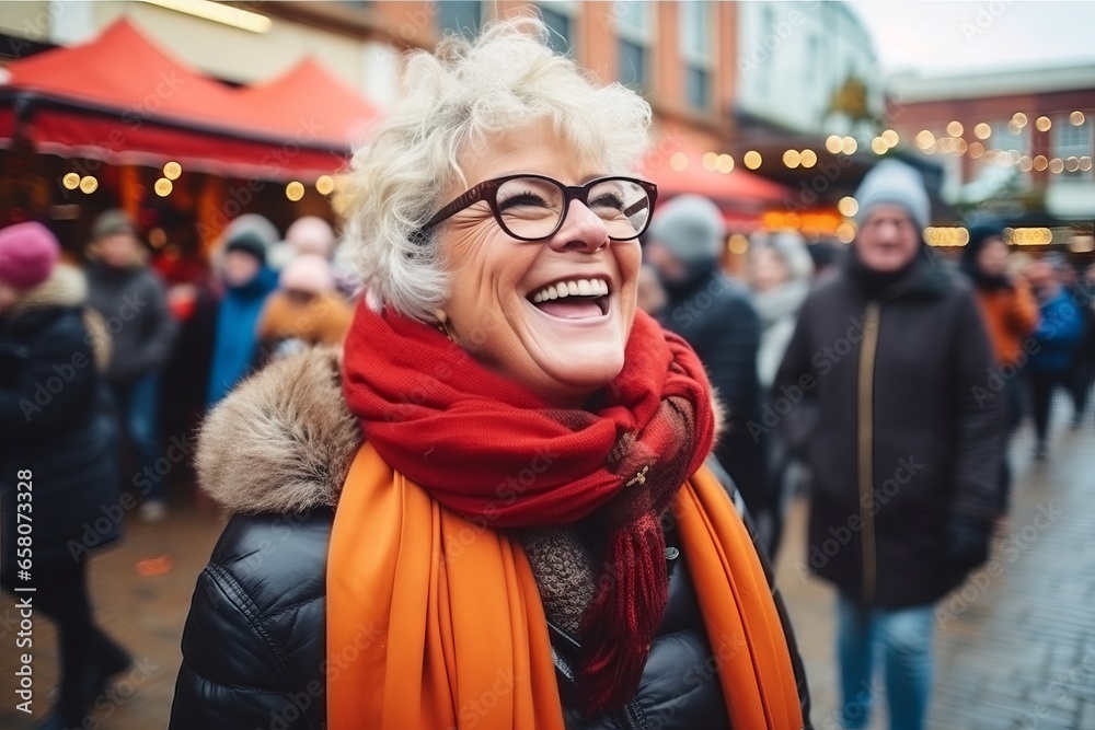 Mature woman with glasses and red scarf at christmas market in London
