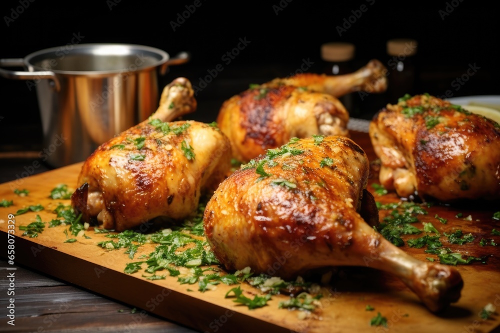 roasted chicken legs presenting garlic butter glaze under kitchen lights roasted chicken legs presenting garlic butter glaze under kitchen lights