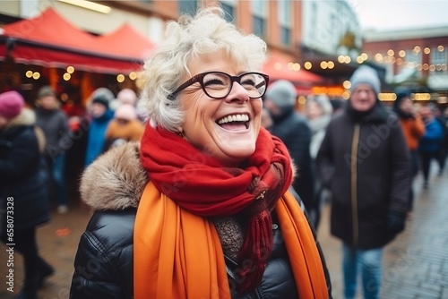 Mature woman with glasses and red scarf at christmas market in London