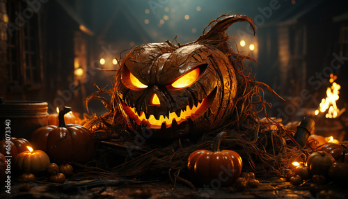 Recreation of the evil Jack o Lantern pumpkin on a Halloween night photo