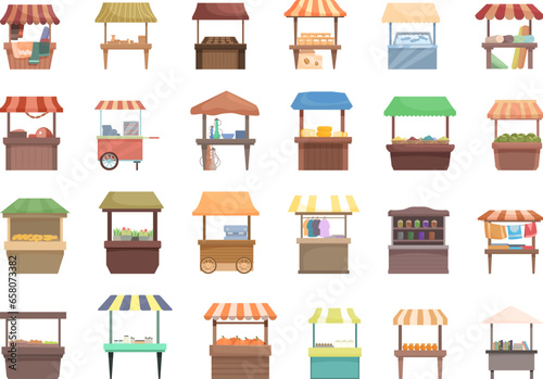 Crafts marketplace icons set cartoon vector. Street market. Food shop