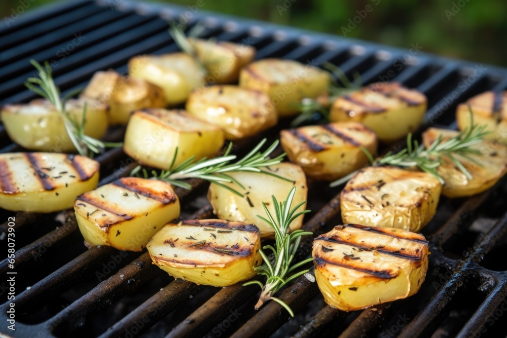 grilled potatoes with scattered sprigs of fresh rosemary on a grill