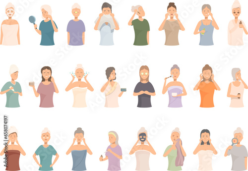 Care skin for aged woman icons set cartoon vector. Face mask. Spa care