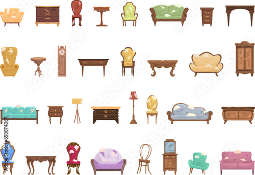 Vintage furniture restoration icons set cartoon vector. Man interior. Work furniture