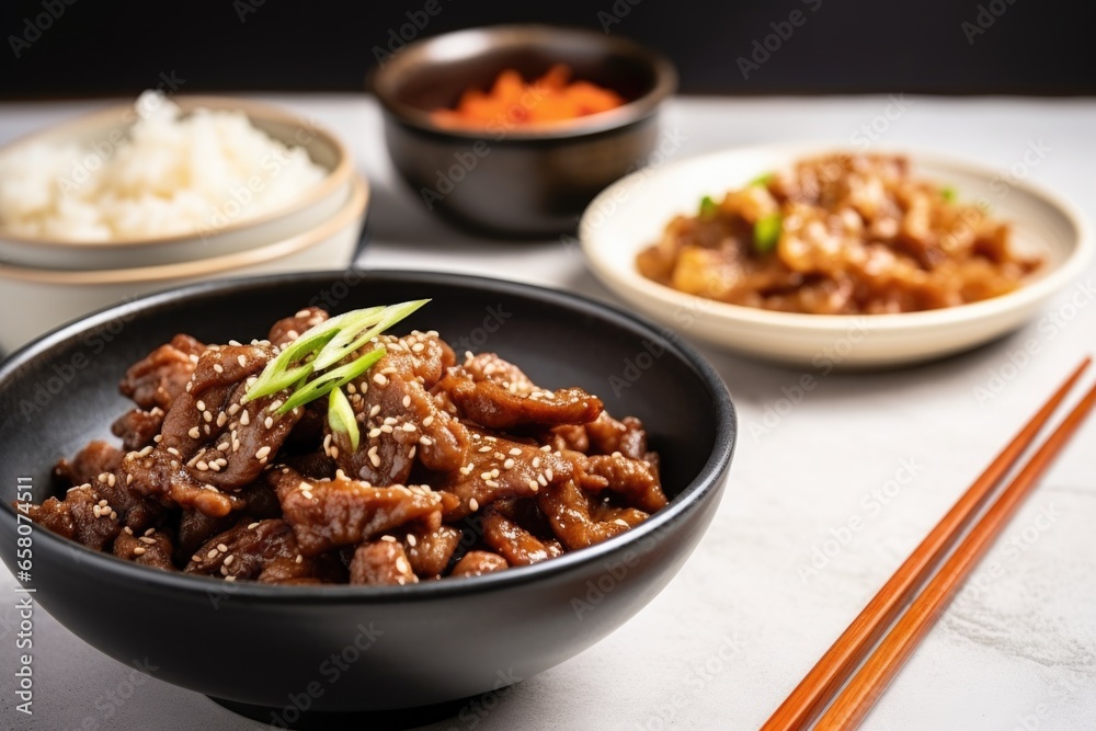 bulgogi beef strips next to a bowl of soy sauce and sesame seeds bulgogi beef strips next to a bowl of soy sauce and sesame seeds