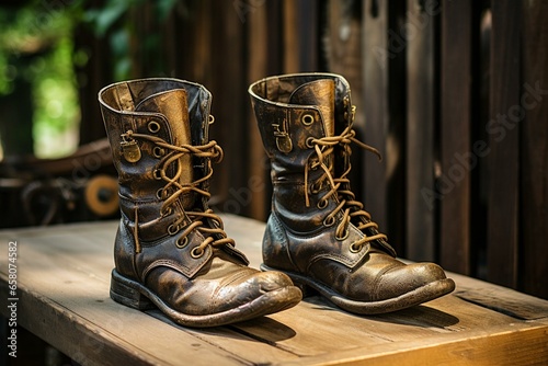 bronze boots on wooden table. Generative AI