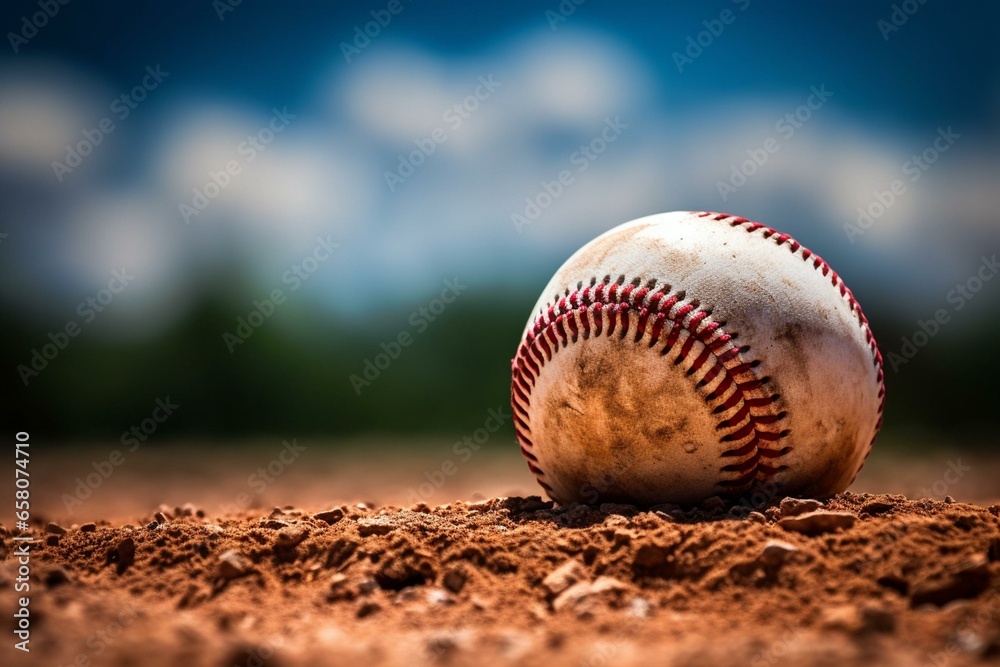 a baseball resting on a pitcher's mound. Generative AI