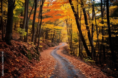 unpaved trail winding through colorful fall woods