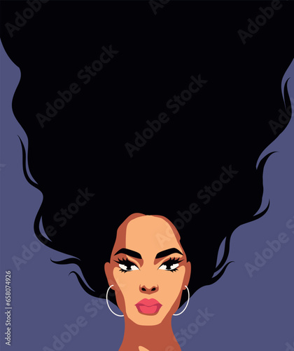Vector banner poster. A woman with a beautiful face and hair. Hair background, place for text. Concept of the movement for gender equality and women's empowerment. Women's Day.