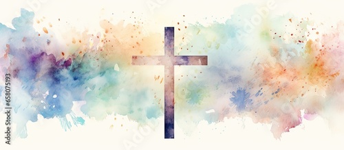 Fotografie, Tablou Christian cross clipart with watercolor Easter theme border and banner