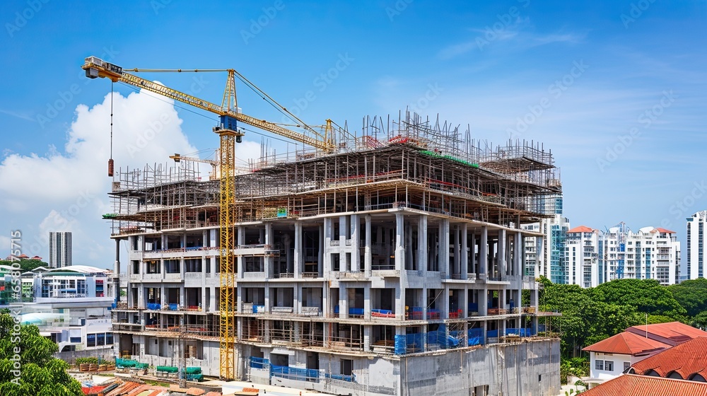 Construction site with cranes and building under construction, panoramic view
