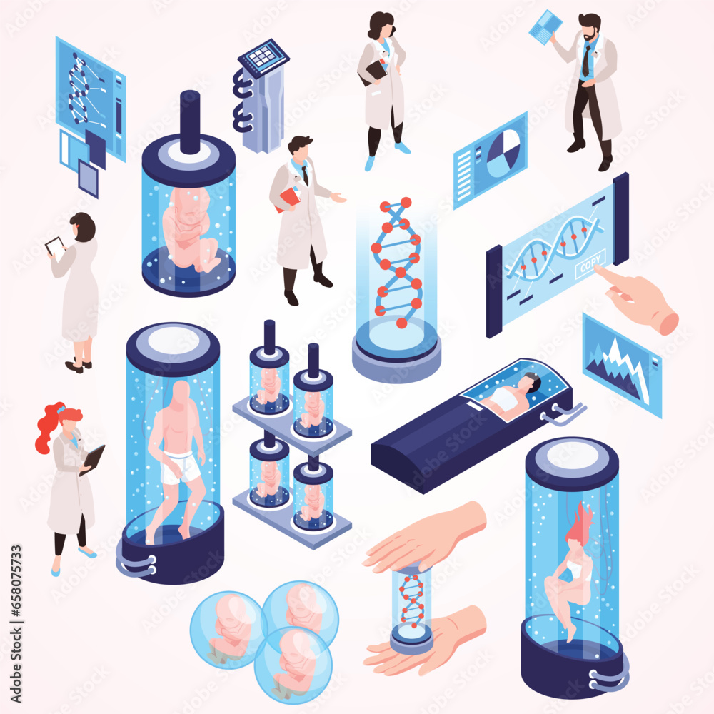 isometric human cloning dna research science laboratory set with isolated cons test tubes - obrazy, fototapety, plakaty 