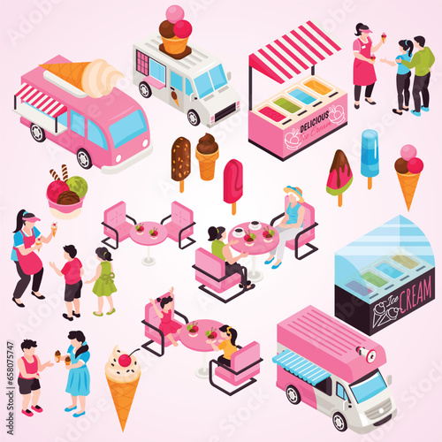 isometric ice cream cafe set with isolated human characters cafeteria furniture with vans icecream products