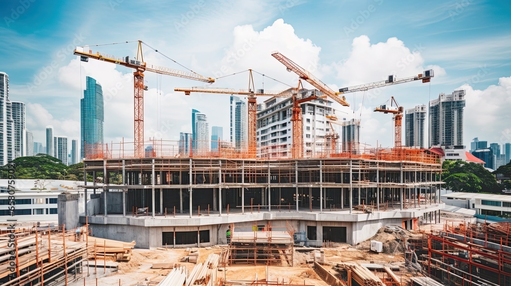 Fototapeta premium Construction site with cranes and building under construction, panoramic view