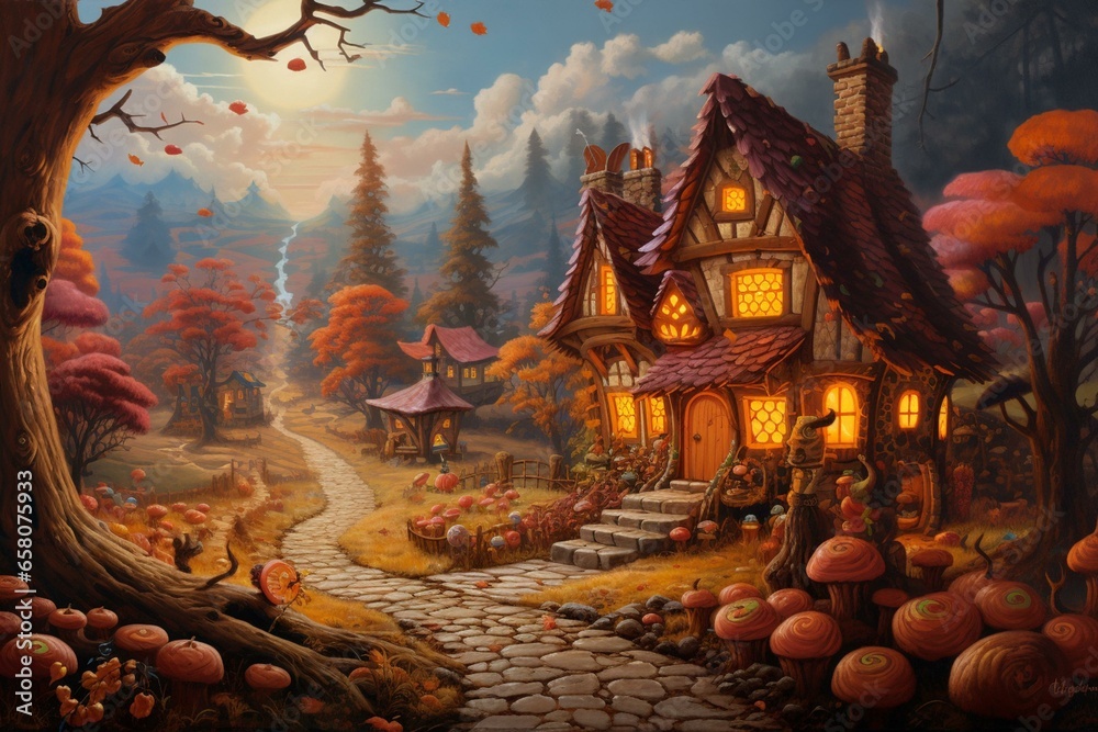 Oil painting depicting Hansel and Gretel's gingerbread house on a fantastical backdrop, ideal for children's illustrations. Generative AI