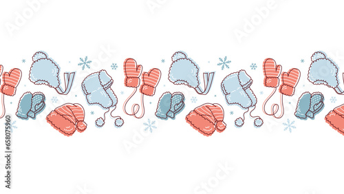 Winter vector border for cards. Winter accessories hat mittens snowflakes. Kids' things.