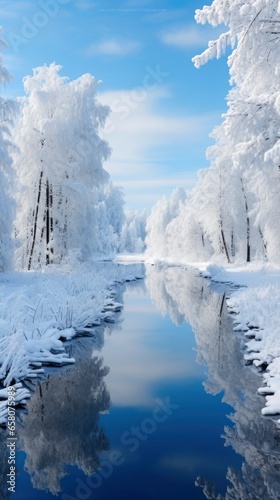 Winter landscape of a river and snowy forest. © Andrey