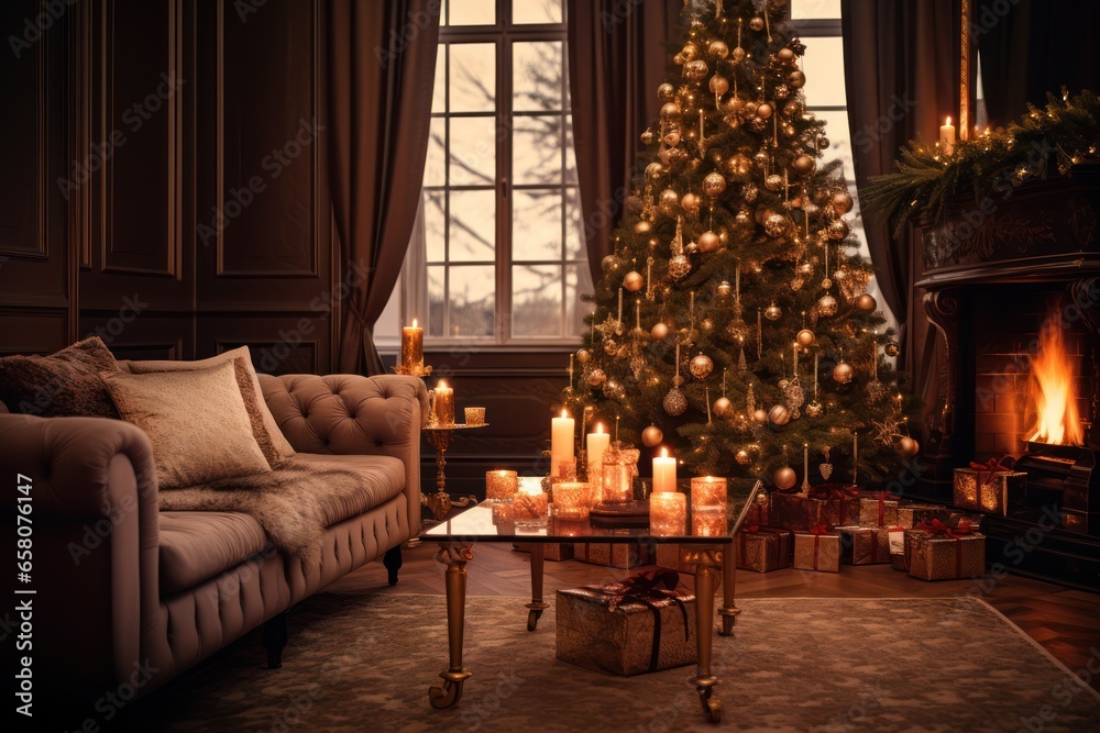 A cozy living room bathed in the warm glow of candles, with a beautifully decorated Christmas tree in the background. Generative Ai A cozy living room bathed in the warm glow of candles, with a beautifully decorated Christmas tree in the background. Generative Ai