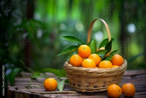 Mandarin orange fruit in bamboo basket on wooden table amidst garden, with tangerine orange slices on blurred greenery background. Generative AI