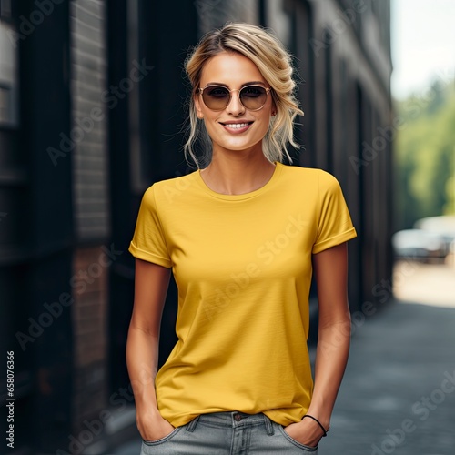 A fictional young girl dressed in a yellow T-shirt stands smiling.