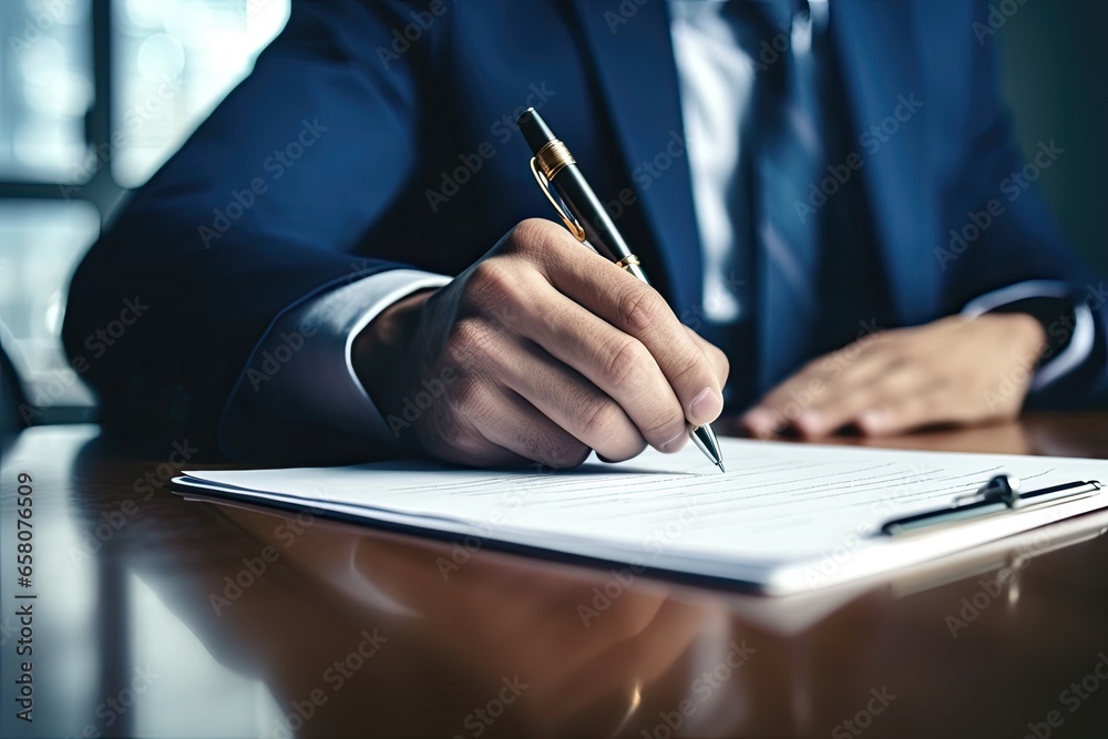 Close-up of a businessman signing a contract. Business concept - obrazy, fototapety, plakaty 