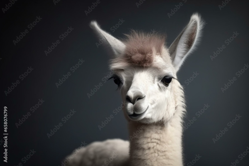 Cute young llama on plain backdrop. Generative AI