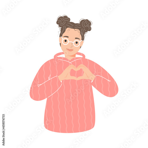 Self-love and self help concept. Young girl making hand heart symbol with her fingers that express  gratitude, peace, love and acceptance. Poster or banner for website with positive woman. Flat vector