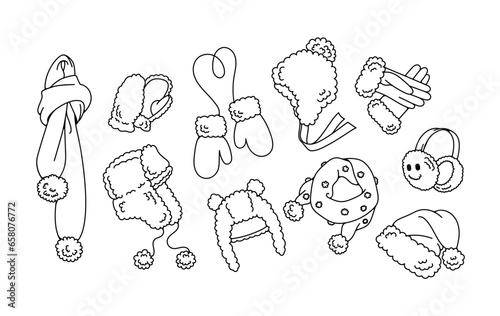 A set of winter accessories for the outdoors. Warm clothes: hats, scarves, mittens and gloves. Black and white graphics on a white background. Doodle style.