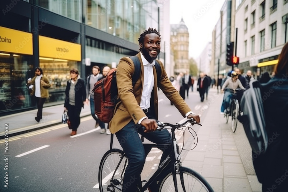 Obraz na płótnie Successful smiling African American businessman with backpack riding a bicycle in a city street in London. Healthy, ecology transport w salonie