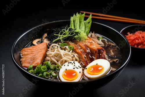 Japanese ramen soup with noodles on dark background. Traditional Asian cuisine