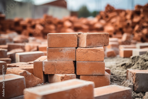 Red bricks stacked at a construction site. Building materials for construction